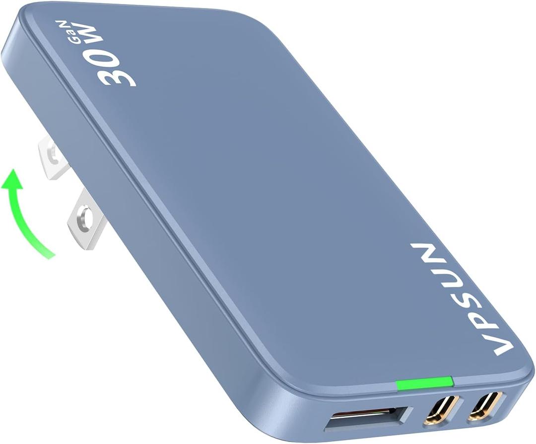 USB C Wall Charger Block 30W,3 Port Ultra Thin Flat USB-C Charging Plug,Foldable USB Power Adapter for iPad,iPhone 15/16,Samsung(Blue, 30w)