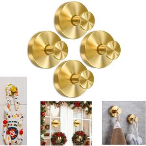 4 Suction Cup Hooks for Shower No-Drill Bathroom Hooks for Towels, Robes, Loofah Mountable on Bathroom Walls, Kitchen, Glass, Mirrors, Tile and Smooth, Wreath Hangers for Front Door, Gold