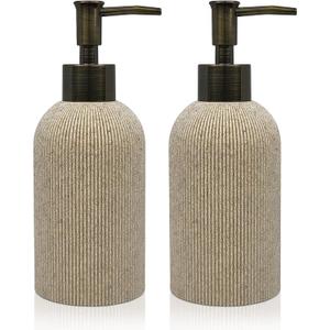 Hand Soap Dispenser for Bathroom and Kitchen Countertop, 10 oz Resin Soap and Lotion Dispensers Set with Plastic Rust Proof Pump, Boho Refillable Liquid Dish Soap Dispensers Bottle,Beige (2 Pack)