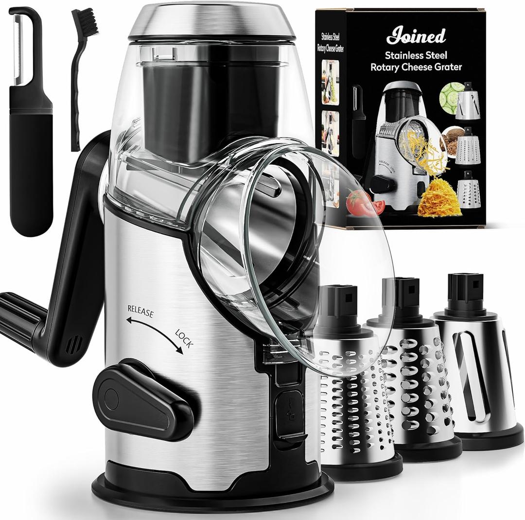 Joined Rotary Cheese Grater with Handle - Mandoline Slicer with 3 Stainless Steel Drum Blades-Vegetable Slicer Walnuts Grinder Cheese Shredder Round Mandoline with Peeler (Large)