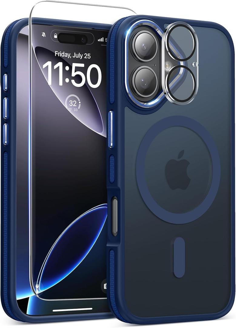 Magnetic 3 in 1 for iPhone 17 Case, [Omni-Directional Protection] with 1x Screen Protector + 1x Camera Cover, [Seamless Work with Magsafe] Translucent Protective Silm Phone Case for iPhone 17 Blue