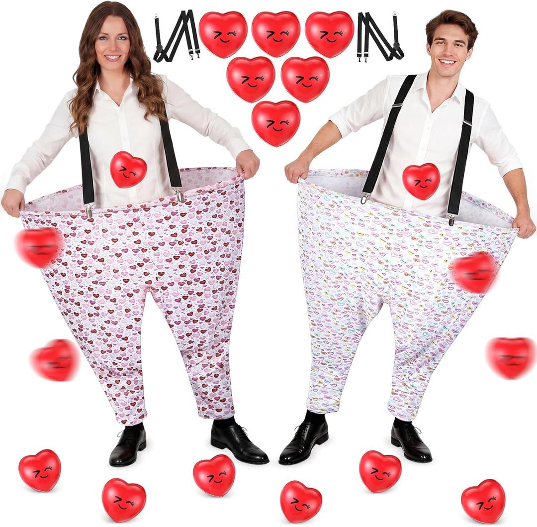 13/26 Pcs Valentine Granny Pant Set, Giant Yard Pant Toss Game with Adjustable Shoulder Strap, Heart Bouncy Ball Pump, Outdoor Party for Adults, Family Reunion Day (Multicolor)