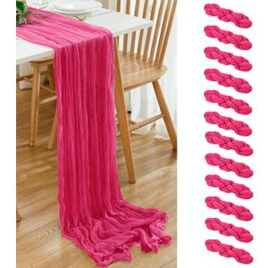 12 Pack Hot Pink 10 Ft Cheesecloth Table Runner 21x120 Inch Boho Wrinkled Sheer Romantic Gauze Decor for Wedding, Bridal Shower, Birthday Party