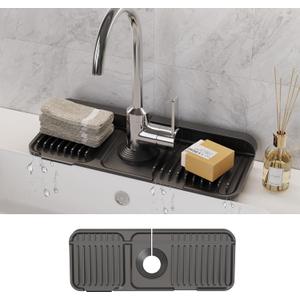 WAFT YEARN 14X5 Inch Silicone Durable Faucet Mat Kitchen Sink Splash Guard Draining Protector Tray Liner Absorbent Protective Counter Accessories For Sink Kitchen Bathroom Laundry Room Bar & RV Black