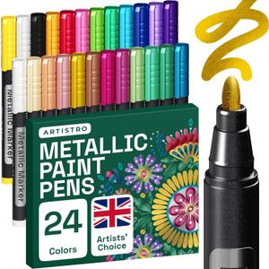 ARTISTRO 24 Metallic Markers with Medium Tip, Acrylic, Pre-Activated Pens for Kids & Adults, Metallic Markers for Black Paper, Rocks