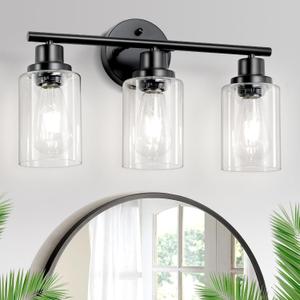 3-Light Black Vanity Lights, E26 Modern Bathroom Light Fixtures with Clear Glass Shade, Wall Lamps for Mirror Kitchen Hallway Cabinet Living Room Sconces Lights
