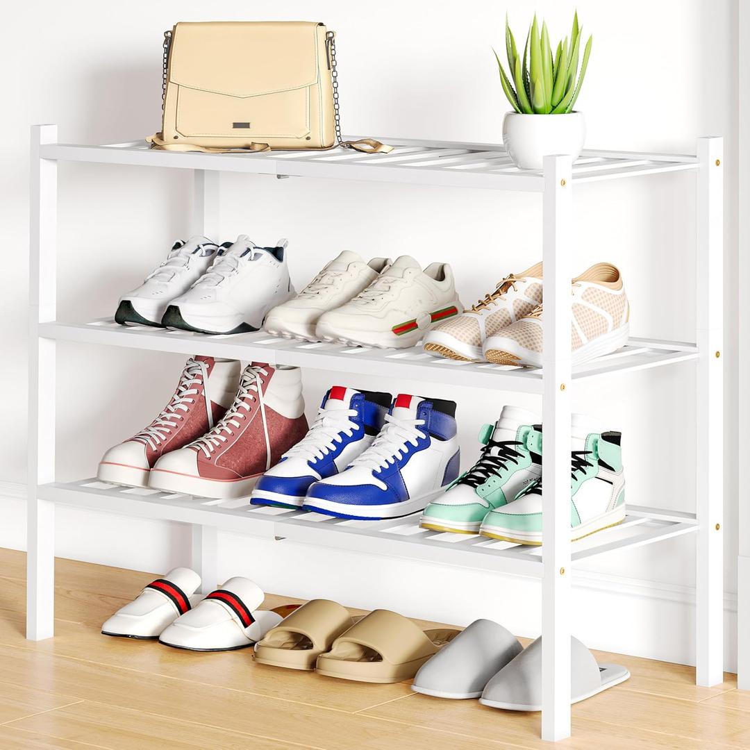 Smiry Shoe Rack, 3 Tier Small Bamboo Shoe Organizer, Stackable Free Standing Wooden Shoe Storage Shelf for Closet, Entryway, Front Door Entrance, White (26.80" Wide - 3 Tier - Regular)