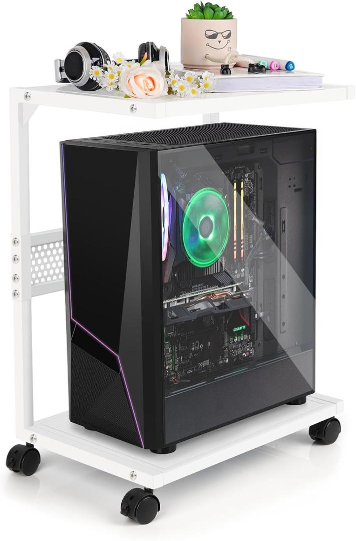 Bfttlity PC Stand Computer Tower Stand 2Tier Metal CPU Holder with Locking Caster Wheels Suitable for Most PC (S,White)