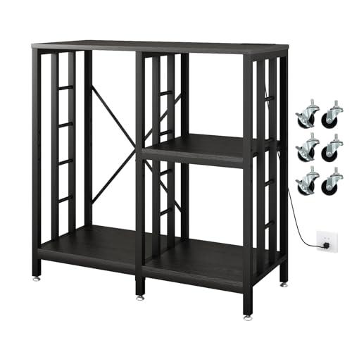 METYERRY Adjustable Kitchen Bakers Rack with Power Outlet,4-Tier Microwave Stand Kitchen Cart,Mini Fridge Stand with Storage,Bar Cabinet,Suitable for Office,Coffee Bar,Living Room,Patio, Black