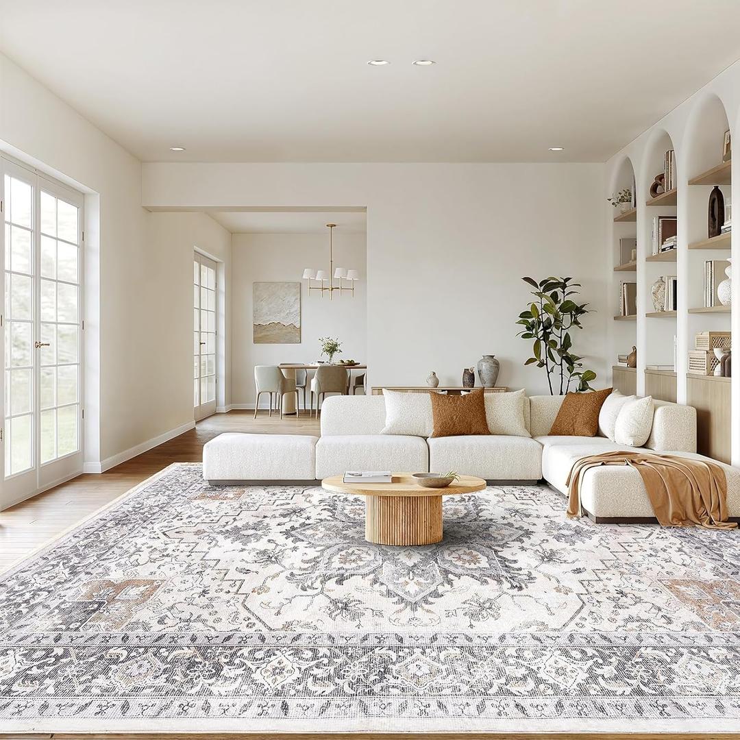 AMADA HOMEFURNISHING 8x10 Area Rugs, Low-Profile Large Washable Area Rug with Non-Slip Backing & Durable Edge Binding, Vintage Rugs for Living Room, Bedroom, Dinning Room (8'x10', Taupe)