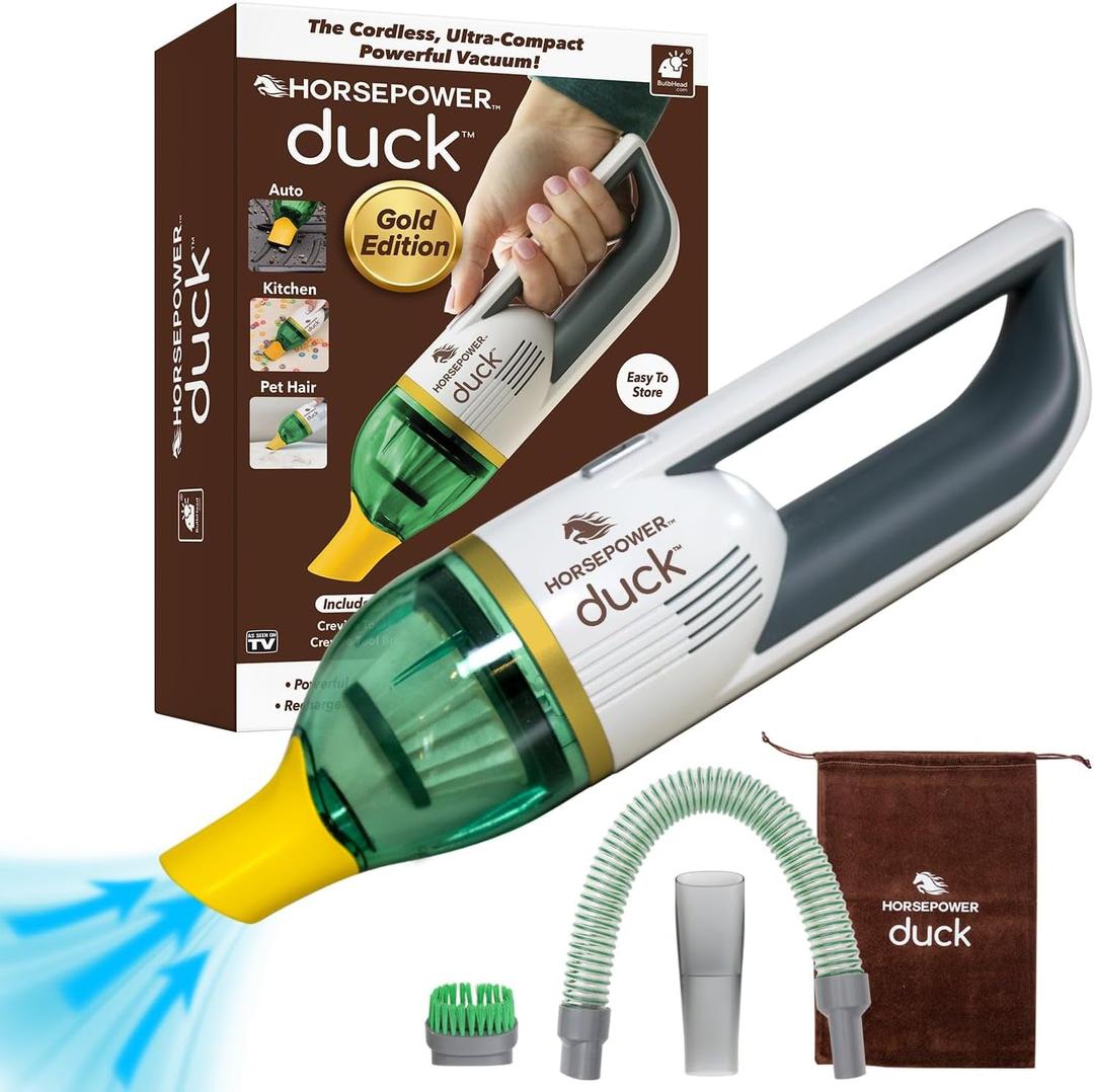 Horsepower Duck Compact Cordless Vacuum, Ultra-Powerful Upgraded Battery for Extra-Long Run Time, AS SEEN ON TV, Strong Suction, Easy to Store, Portable & Rechargeable. Home & Auto (Duck Gold)