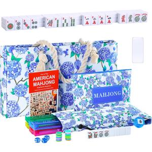 Mahjong Set Complete with Blue Carrying Bag, 166 White Mahjong Tiles1.2", 4 All-in-One Colorful Mahjong Racks with Pushers, Majiang Tile Set