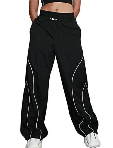 Zontroldy Cargo Pants Women Parachute Pants Y2K Baggy Casual High Waist Wide Leg Track Pants Streetwear(0946-Black-M)