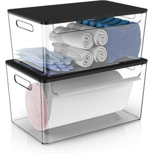 COAZEX 2 Pack Trash Bag Holder Under Sink Stackable, Plastic Garbage Bag Dispenser with Lid, Trash Bag Storage Dispenser Roll Holder for Kitchen, Pantry, Laundry Room Organization (Black Lid)