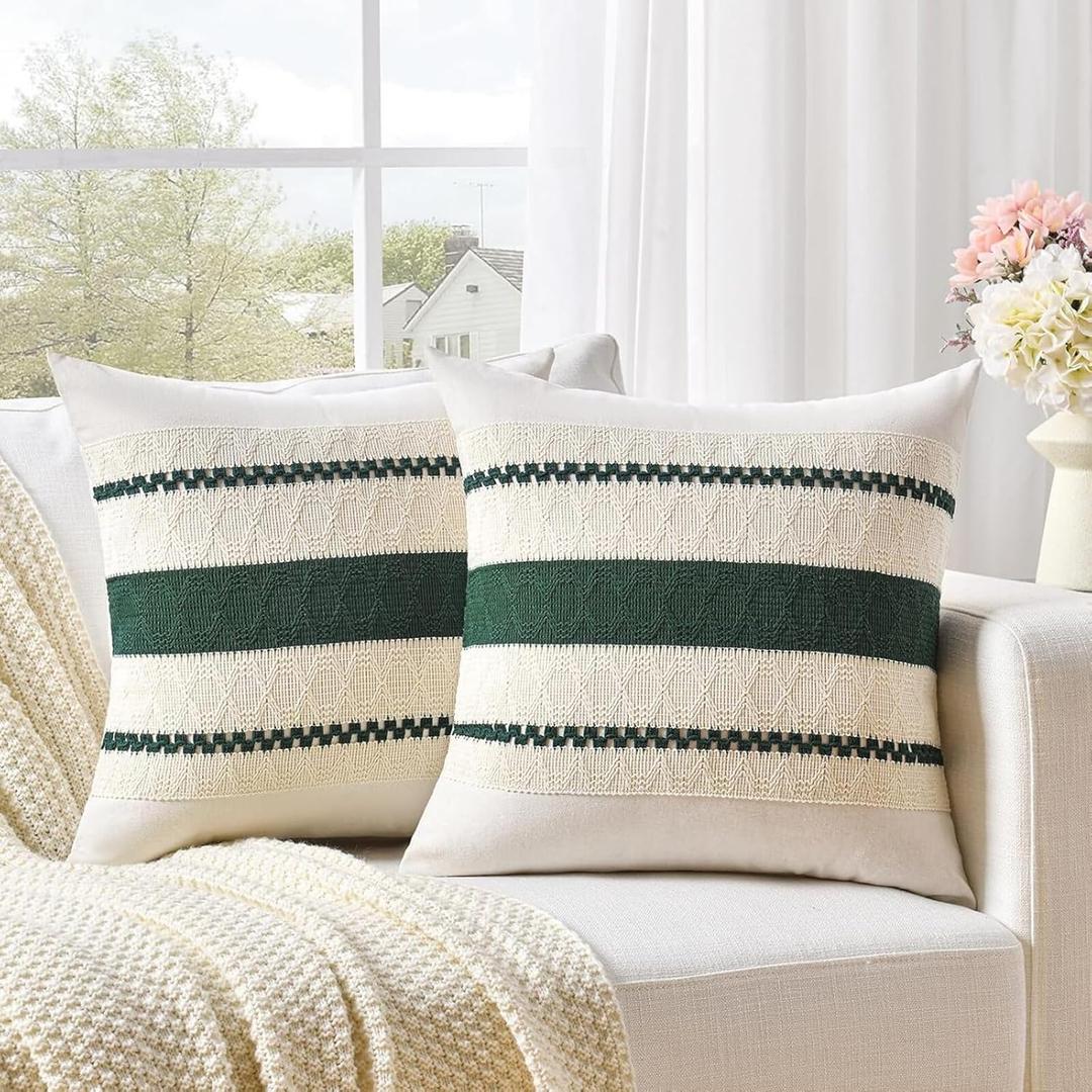 Pack of 2 Boho Pillow Cover 18x18 Decorative, Farmhouse Home Decor Couch Pillow Covers, Boho Throw Pillow Covers for Cushion Sofa Bedroom Living Room (Dark Green)