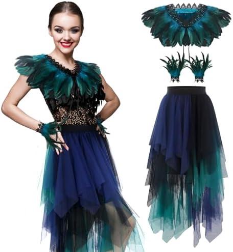 Sintege 3 Pcs Mardi Gras Women's Peacock Costume Set Gothic Natural Feather Shawl Wrist Bracelet Multi-layered Tulle Skirt Witch Shawl Carnival Costumes