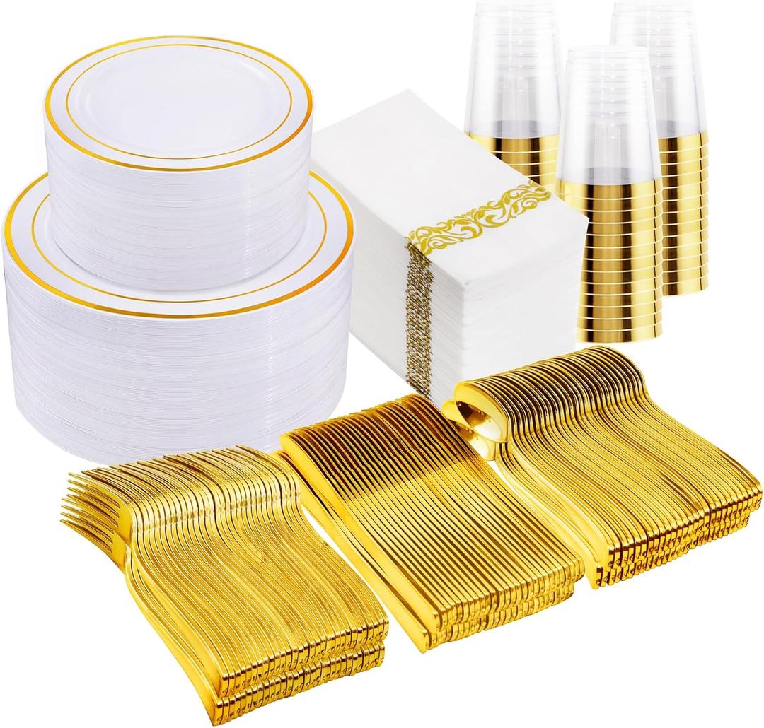 I00000 700Pcs Gold Dinnerware Set for 100 Guests, Plastic Plates for Party, Include: 100 Gold Rim Dinner Plates, 100 Gold Dessert Plates, 100 Paper Napkins, 100 Cups, 100 Gold Plastic Silverware Set  