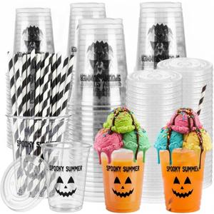 Domensi 60 Pcs Halloween Disposable Plastic Cups with Lids and Straws, 12oz, 12 oz / 355 ml