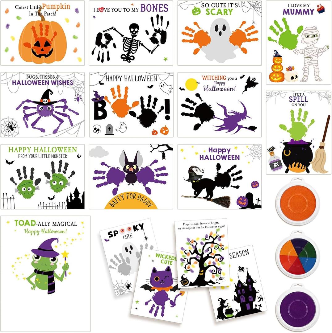 32 Pcs Halloween Craft Kit DIY Handprint Card with 3 Pcs Ink Pads Make Your Own Halloween Greeting Cards Unique Party Gifts for DIY Art Craft Activity Supplies