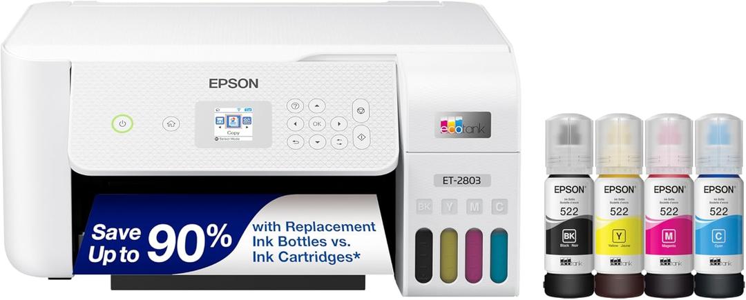 Epson EcoTank ET-2803 Wireless Color All-in-One Cartridge-Free Supertank Printer with Scan, Copy, and AirPrint Support (White)