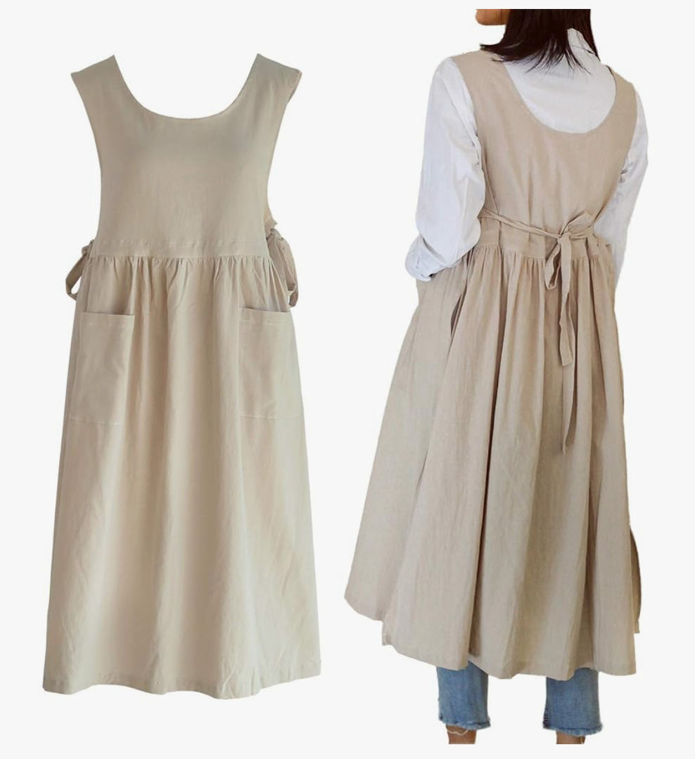 Women Plus Size Cotton Linen Vintage Pleated Split Apron Pinafore Dress with Two Pockets, 43.4"L
