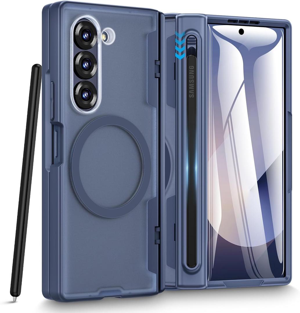 Caka for Samsung Galaxy Z Fold 6 Case [Thinner S Pen Holder Slot] [Magnetic Charging] [Hinge Protection] [Built-in Screen Protector] Translucent Hard Shockproof Magnet Phone Cover for Fold6 - Blue