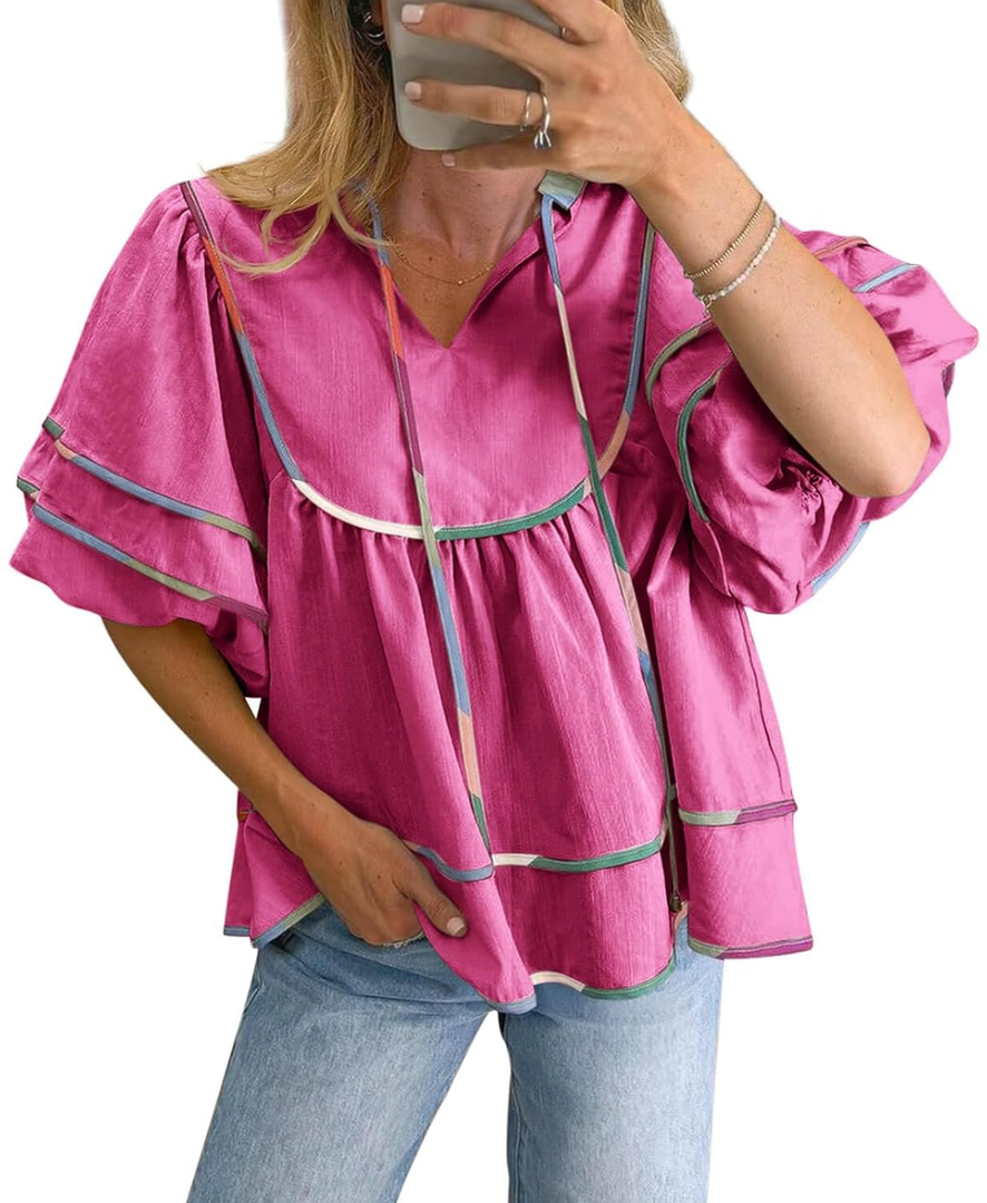 Cicy Bell Womens Summer Babydoll Tops V Neck Short Lantern Sleeve Shirts Cute Loose Fit Peplum Flowy Blouses