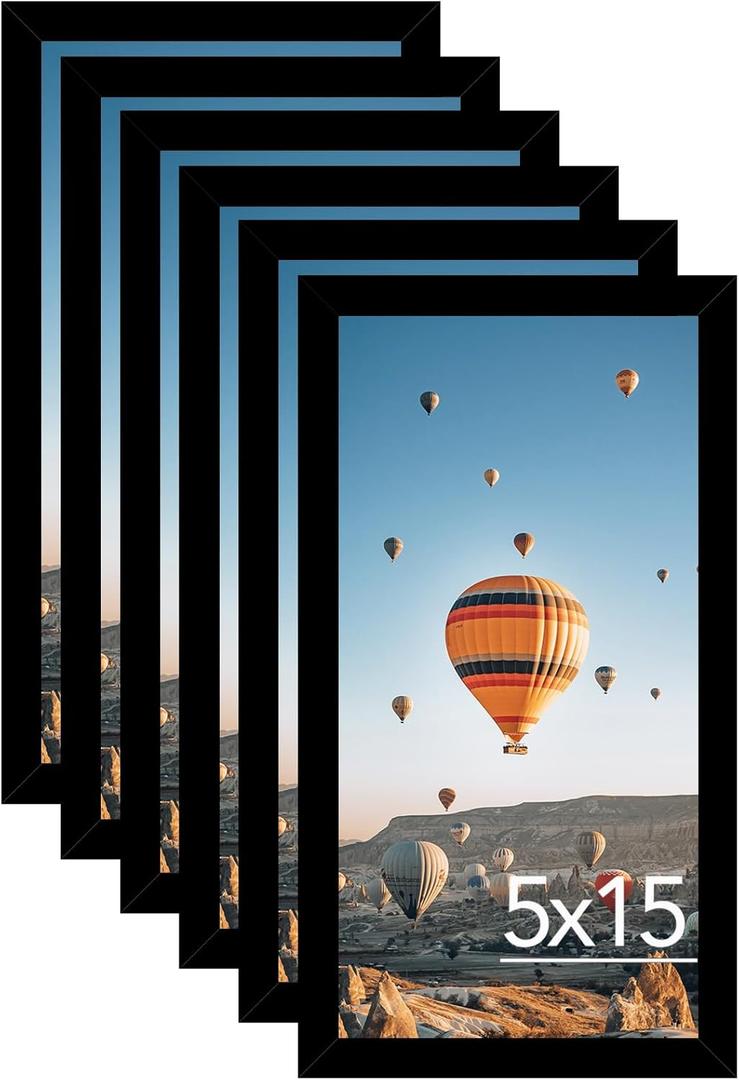 5x15 Black Picture Frame Set of 6, Horizontal and Vertical Formats for Wall Hanging, 5 x 15 Wall Gallery Poster Photo Frames with Shatter Resistant Plexiglass, 6 Pack, Black