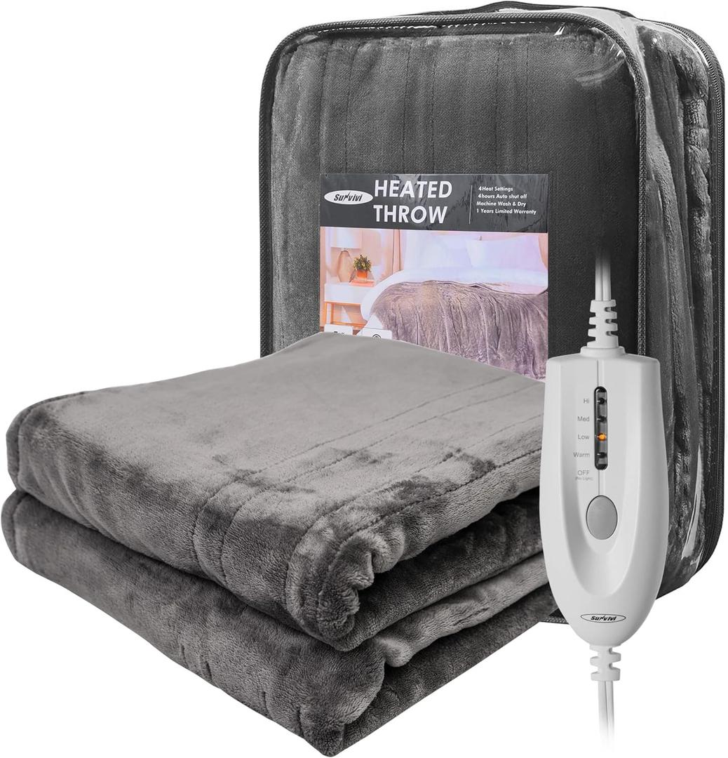 SUNVIVI Heated Throw, Electric Blanket Throw 50" x 60", Double-Layer Flannel with 4 Heating Settings, 4 Hours Auto Off, ETL Certified, Machine Washable, Grey (Throw-Single Control)