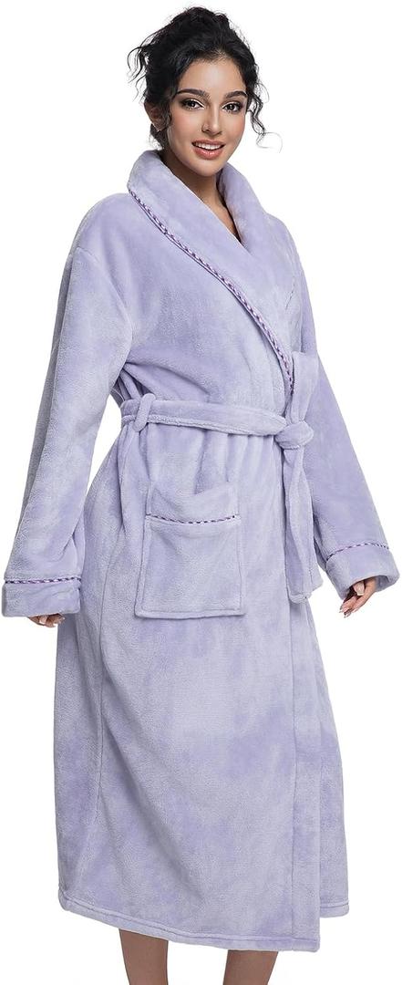 Womens Long Fleece Robe Soft Plush Robes for Women Warm Bathrobes Comfy House Coat Full-length with Pocket (L)