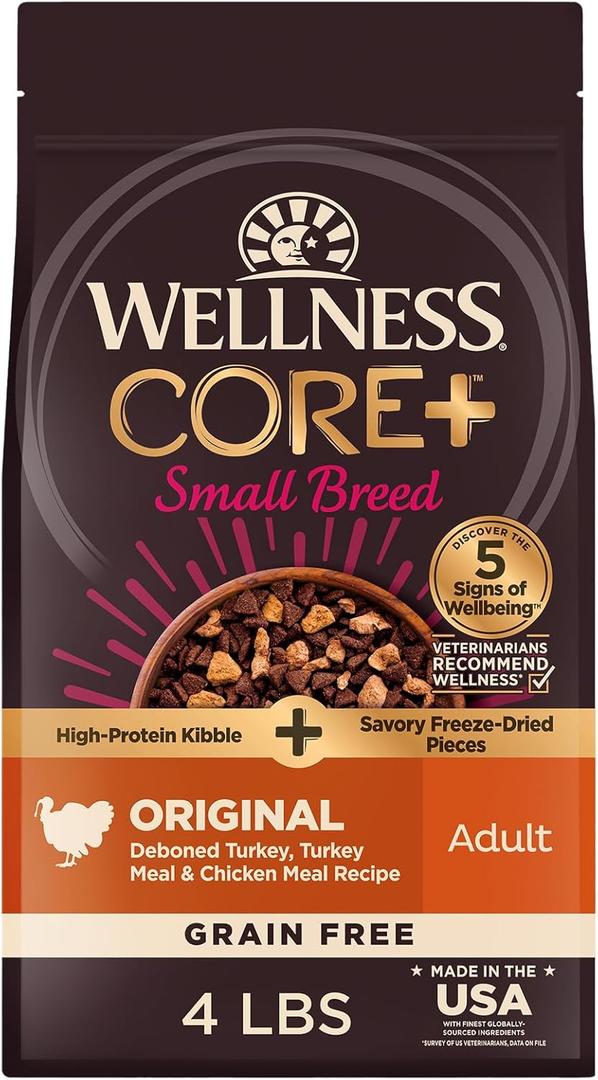 Wellness CORE+ Dry Dog Food with Freeze Dried Pieces, Small Breed, Grain Free, High Protein, Natural, Original Turkey & Chicken Recipe, (4-Pound Bag)
