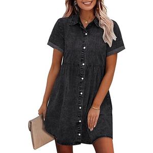 GRAPENT Denim Dress for Women Babydoll Tiered Short Sleeve Button Down Jean Shirt Dresses Vintage Black S