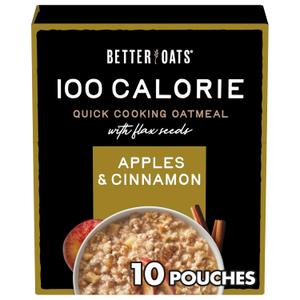 Better Oats 100 Calorie Apples and Cinnamon Oatmeal Packets, Instant Breakfast with Flax Seeds and Natural Apple-Cinnamon Flavor, Quick Cooking, Box of 10 Pouches (Pack of 6) (9.8 Ounce (Pack of 6)