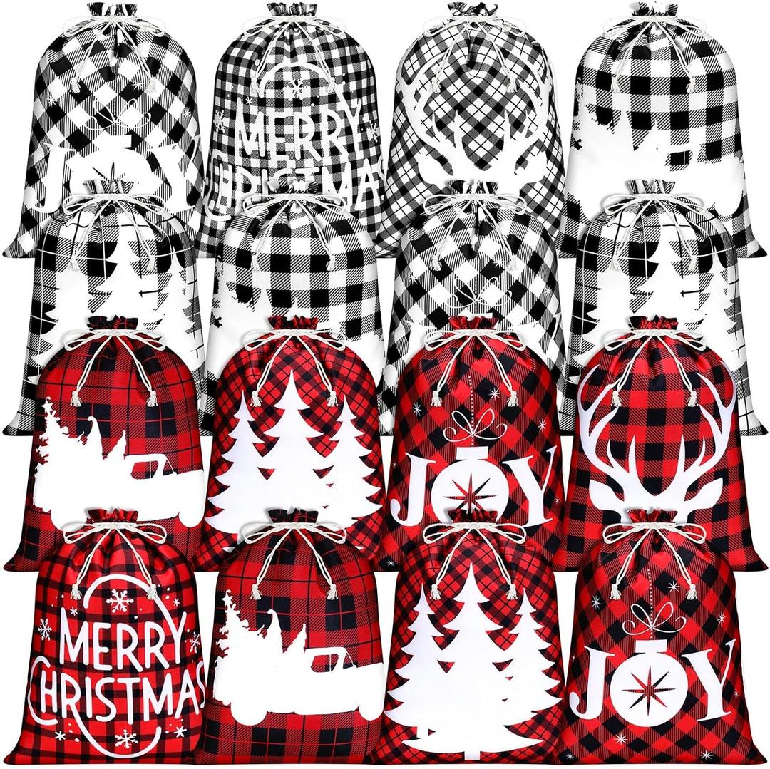 Windyun 16 Pcs Christmas Drawstring Bags Bulk Large Xmas Buffalo Plaid Drawstring Cloth Gift Bags 12 x 16 Inch Gift Wrapping Storage Sack for Party Favor(Black, White, Red Buffalo Plaid)