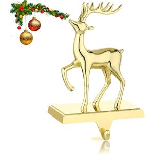 Deer Christmas Stocking Hanger for MantelReindeer Christmas Stocking Holder for Fireplace Mantel Hooks Hanger for Christmas Deer Stockings Clip for Christmas Decoration (Gold Deer)