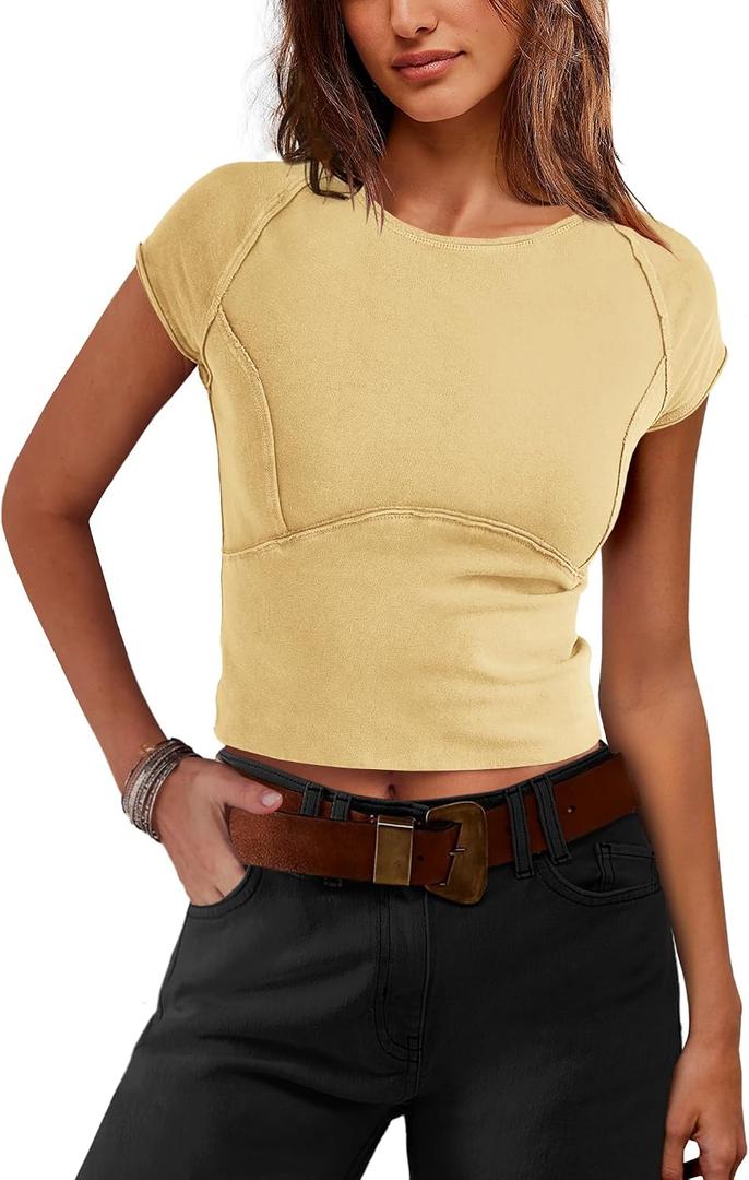 LAMISSCHE Cropped T Shirts for Women Cap Sleeve Tops Fitted Shirts