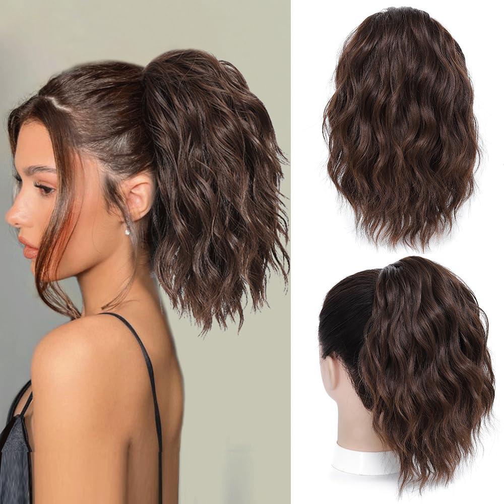 Ponytail Extension-12 Inch Drawstring Ponytail Hair Extensions for Women Synthetic Curly Wavy Fake Pony Tails Hair Pieces for Daily Party Use (Mixed Brown)