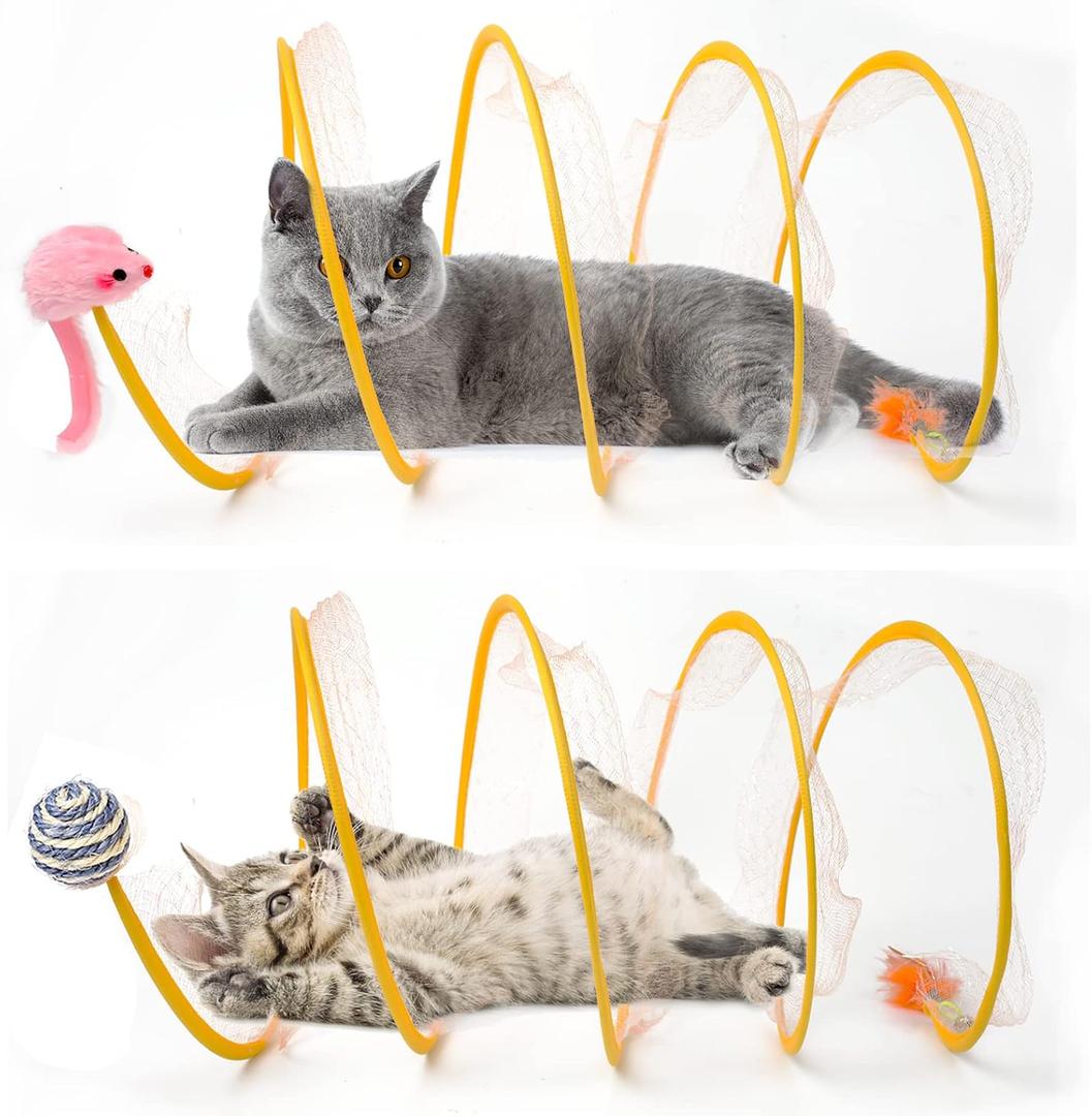 2-Pack Large Cat Tunnel Beds - Indoor & Outdoor,Kitten Collapsible Spring Tunnel Toy with Feather and Bell,Interactive Spring Toys for Cats & KittensYellow