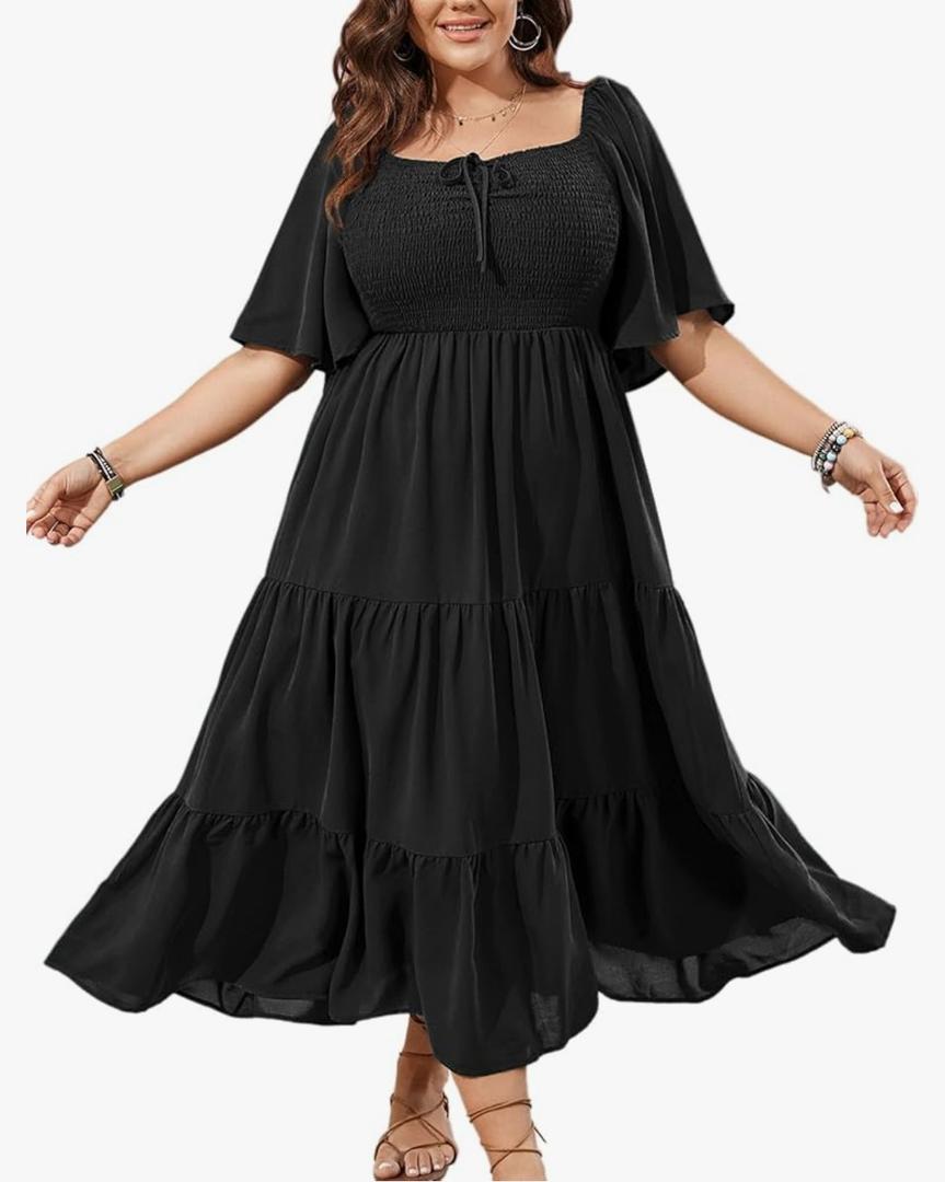 SCOMCHIC Women's Plus Size Flowy Maxi Dress Flutter Short Sleeve Boho Dress Square Neck Smocked Formal Dresses for Women Size 2XL