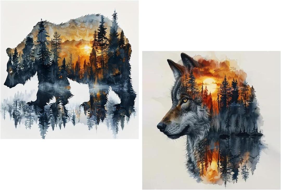 Bear and Wolf Diamond Art Kits for Adults Beginner, 2 Pack DIY Diamond Painting Kits 5D Diamond Dots Gem Art Crafts with Tools,Round Full Drill Funny Crafts for Home Wall Decor&Gift-13.7X13.7 in