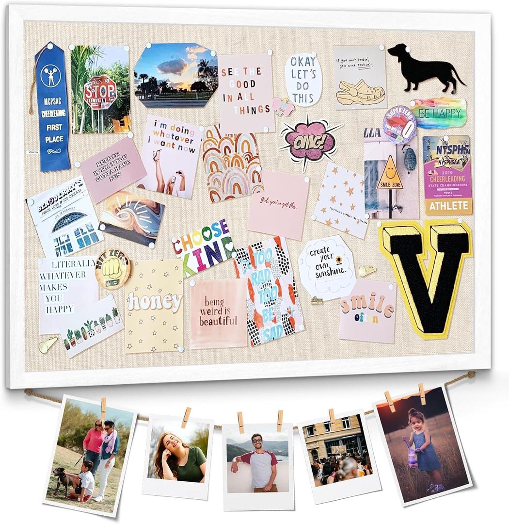 Emfogo Large Bulletin Board 23x18inch with Linen Rope Cork Boards Wall Decor Picture Framed Display Board Hanging Pin Board Vision Board Bulletin Cork Board for School Office Room Home Vintage White