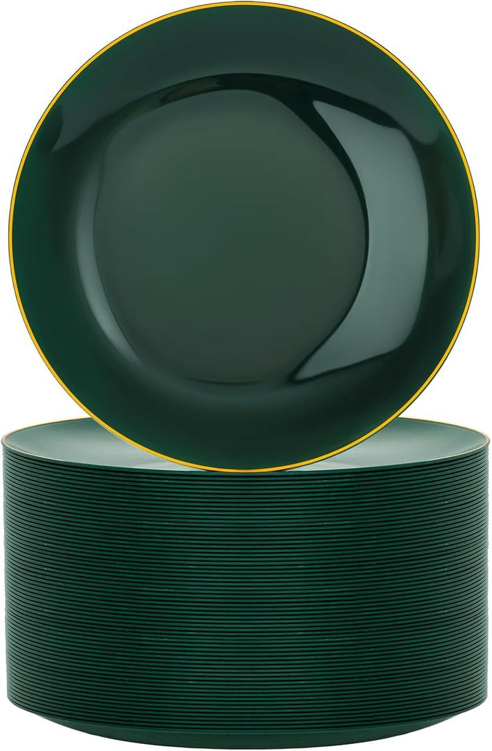 Nervure 100Pcs Green and Gold Plastic Plates - 7.5inch Disposable Green Dessert/Salad Plates - Heavy Duty Plastic Plate Ideal for Wedding & Party & Christmas