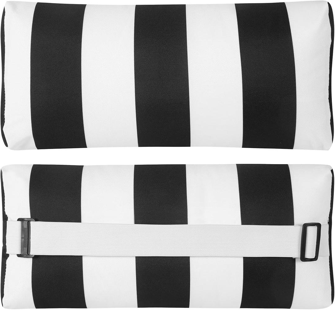 Outdoor Pillow for Chaise Lounge Chair, 2pcs Striped Chaise Lounge Pillows, Adjustable Strap Head Lumbar Pillow for Patio Pool Beach Office, Black