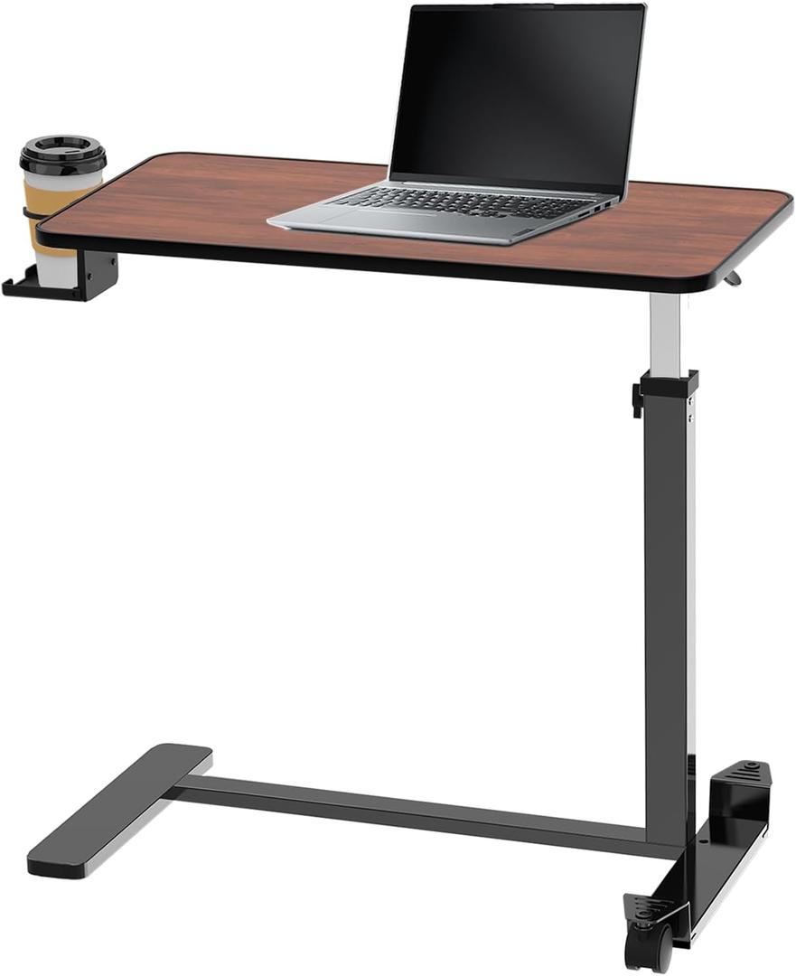 Loyoda Adjustable Overbed Table with Invisible and Lockable Wheels ，Bedside Table with Cup Holder，Standing Desk for Medical or Home use Rosewood Color（30.3" W x 15.3" D）