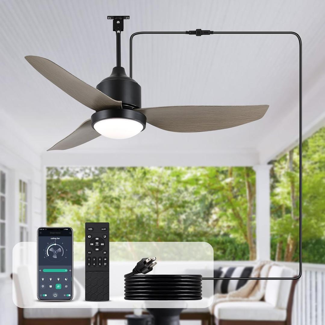 BZX Waterproof Outdoor Ceiling-Fan with Light - 42" Modern Ceiling Fans with 3 Colors LED Light, App & Remote Control, Quiet DC Motor, for Gazebo Patios (Black-Wood Grain)