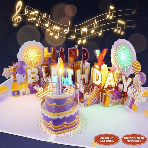 XTF2015 Firework Birthday Cards，Music & LED Lights 3D Pop Up Greeting Card with Blowable Birthday Cake, Comes with Digital DIY, Sticky Note and Envelope, for Lover, Family and Friend