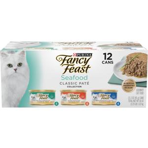 Purina Fancy Feast Seafood Classic Pate Collection Grain Free Wet Cat Food Variety Pack - (2 Packs of 12) 3 oz. Cans (EXP 03/31/28)