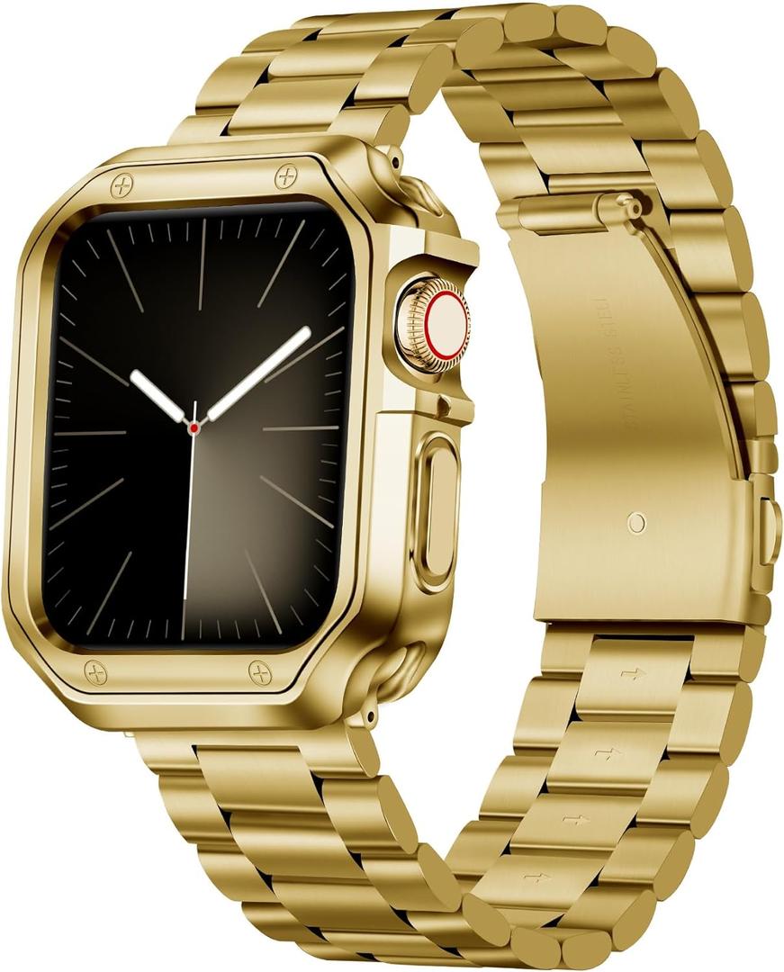 BINLUN Compatible with Apple Watch Band 49mm 46mm 45mm 44mm 42mm 41mm 40mm 38mm Stainless Steel Metal Watch Strap with TPU Watch Case Compatible with iWatch Series Ultra/11/10/9/8/7/SE2/SE/6/5/4/3/2/1 (Gold)