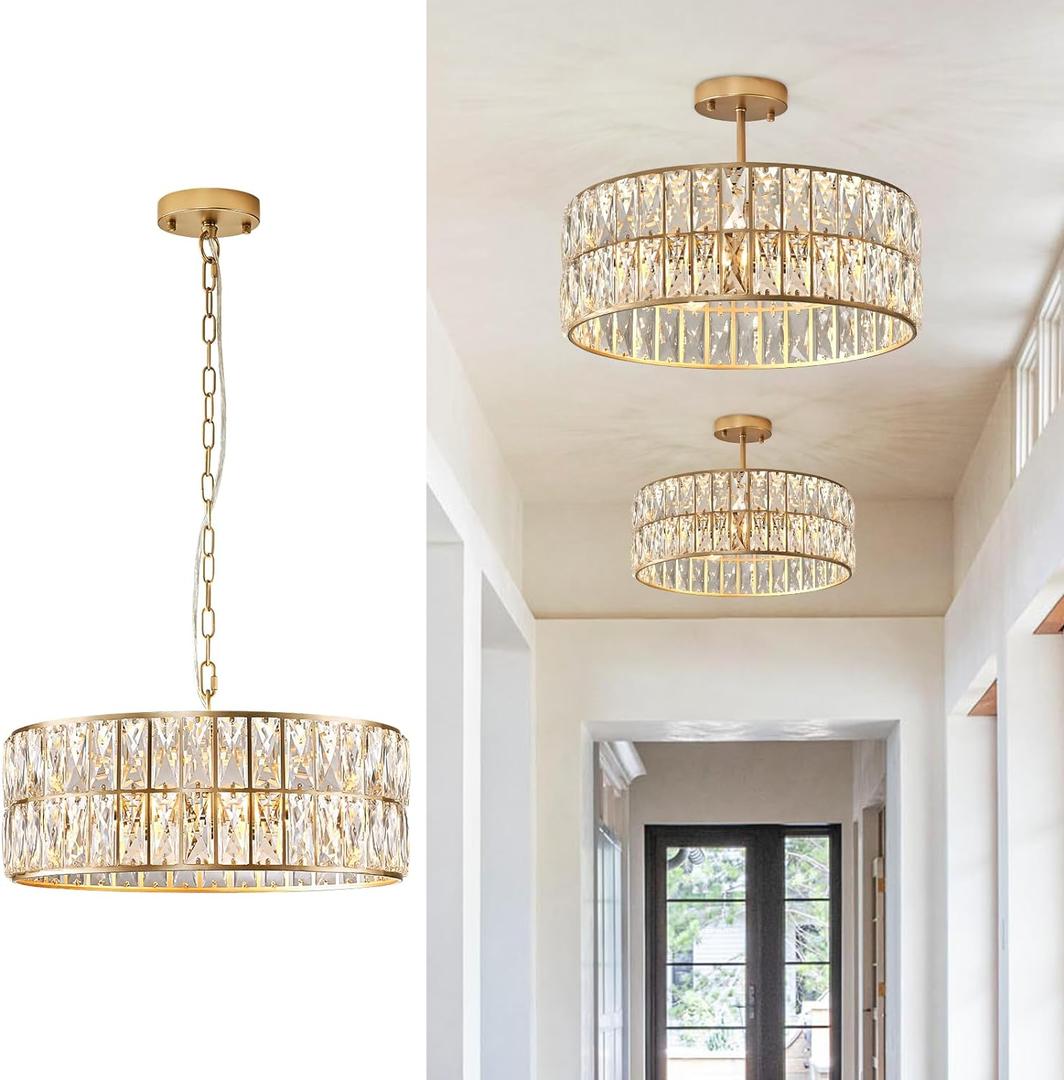 CATINER Modern Crystal Chandelier for Dining Room Gold Semi Flush Mount Ceiling Light Fixtures 18 Large Round Crystal Pendant Lighting for Foyer Bedroom Living Room, Small-18