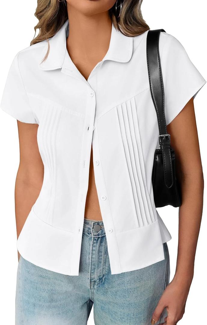 Cicy Bell Womens Short Sleeve Button Down Shirts Pleated Slim Fit Summer Dressy Casual Blouses (Small, White)